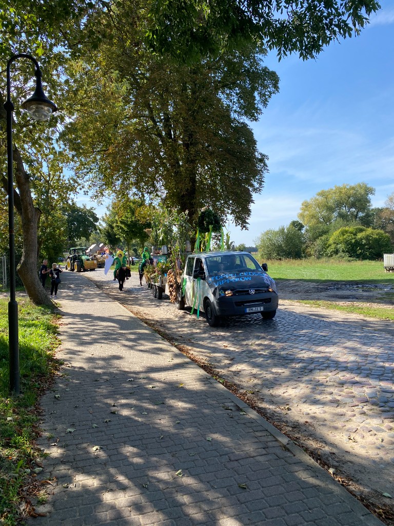 Festumzug mit geschmücktem Wagen auf der Dorfstraße